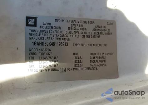 2008 Chevrolet Express Ls z USA, uszkodzony, nr VIN 1GAHG39K481195913